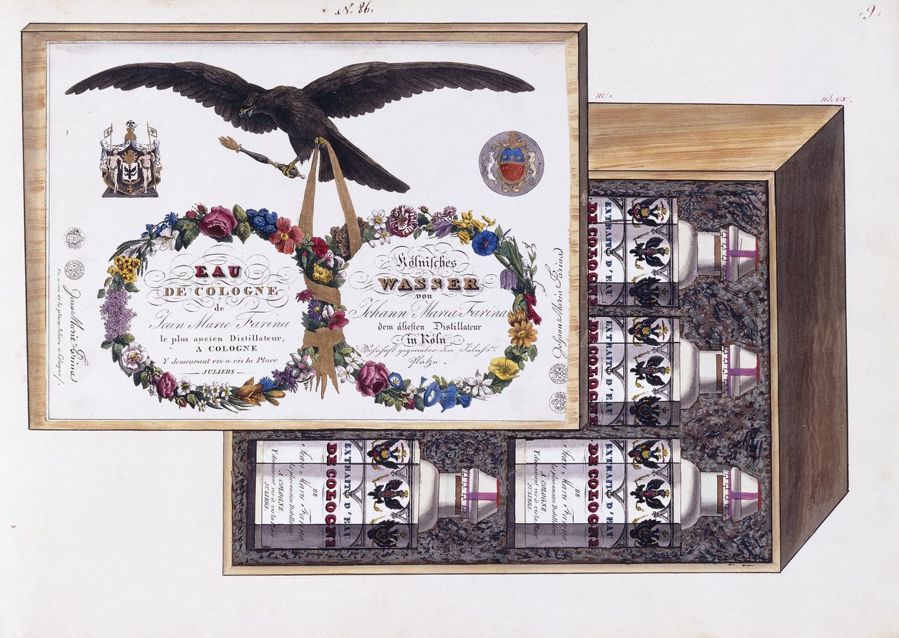 Eau de कोलोन की पैकेजिंग के लिए चित्रण, c.1825 (पानी के रंग और बॉडी कलर) द्वारा फ्रेंच स्कूल