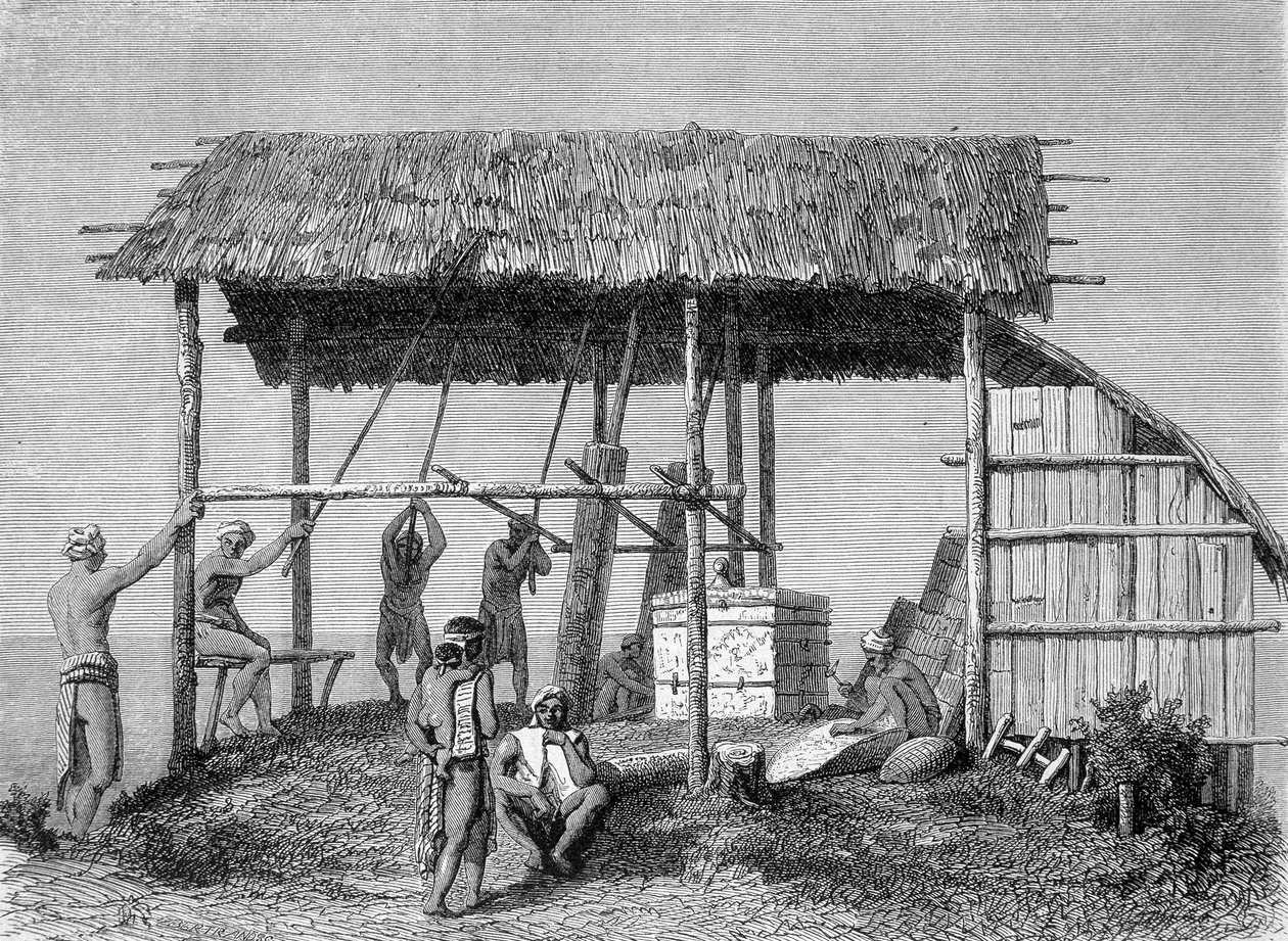 "ले टूर डू मोंडे" के 1862 संस्करण में प्रकाशित चित्रण बोर्नियो द्वीप पर दिन में एक लोहार का चित्रण करता है। उत्कीर्णन। द्वारा फ्रेंच स्कूल