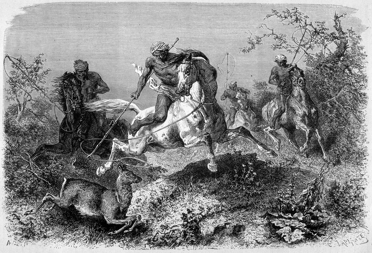 1870 - 1871 के "ले टूर डू मोंडे" के संस्करण में प्रकाशित चित्रण बोर्नियो द्वीप पर एक डायक शिकार को दर्शाता है। उत्कीर्णन। द्वारा फ्रेंच स्कूल