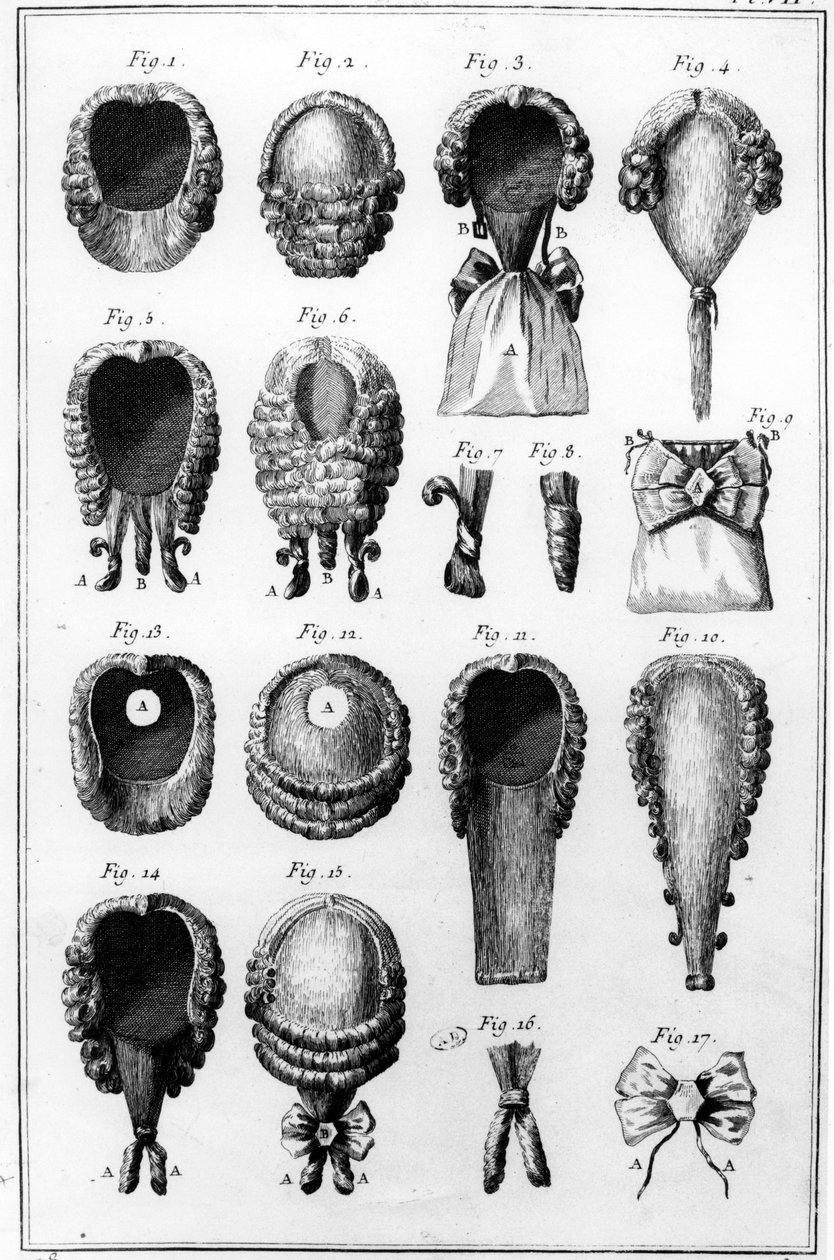 Diderot द्वारा Encyclopedie des Sciences et Metiers से विभिन्न विग फैशन, प्लेट VII, Vol.8 के चित्र, प्रकाशित c.1770 द्वारा फ्रेंच स्कूल