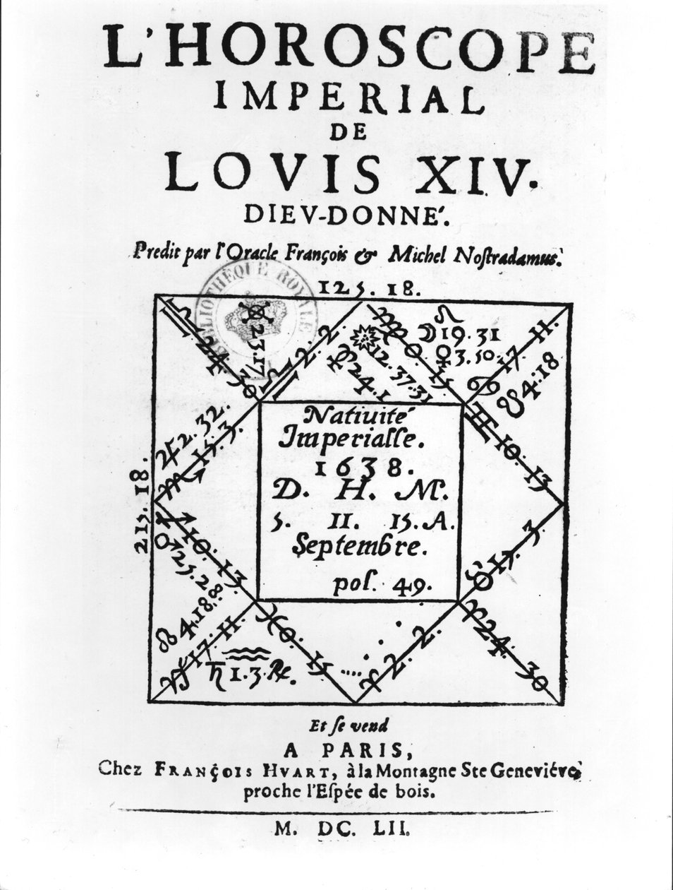 लुईस XIV (1638-1715) के इम्पीरियल कुंडली को मिशेल नोस्ट्राडमस (1503-66) द्वारा फ्रेंकोइस हूर्ट द्वारा पेरिस 1652 में प्रकाशित द्वारा फ्रेंच स्कूल