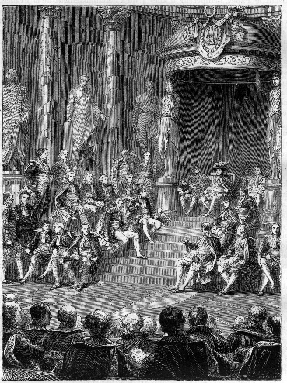 सीनेट में इम्पीरियल सीन्स: 1805 में इटली के नए साम्राज्य के संविधान पर नेपोलियन का भाषण - एडोल्फ थियर्स द्वारा "हिस्टोइरे डे ल'एम्पायर एन सूट ल'हिस्टोइरे डू वाणिज्य दूतावास" में - 1879 - निजी संग्रह द्वारा फ्रेंच स्कूल
