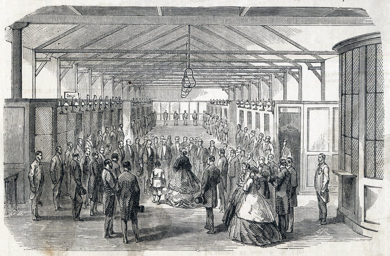 इंप्रेस यूजिनी और इंपीरियल प्रिंस ने बैंक ऑफ फ्रांस का दौरा किया, 23 जून 1866 - - ले मोंडे इलस्ट्रस डीयू 07/07/1866 में उत्कीर्णन द्वारा फ्रेंच स्कूल