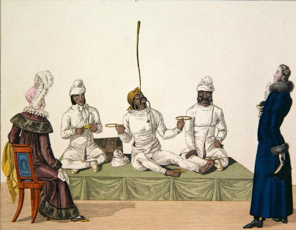 बैलेंसिंग एक्ट करते हुए भारतीय बाजीगर, 'ले बॉन जेनर' से प्लेट 87, c.1810 (रंग उत्कीर्णन) द्वारा फ्रेंच स्कूल