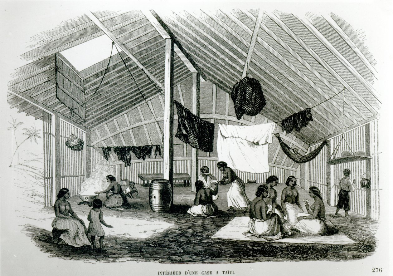1848 में यूजीन डेलेसेर्ट द्वारा The ट्रैवल्स इन द टू ओचेन्स ’से एक ताहितन हट के अंदर द्वारा फ्रेंच स्कूल