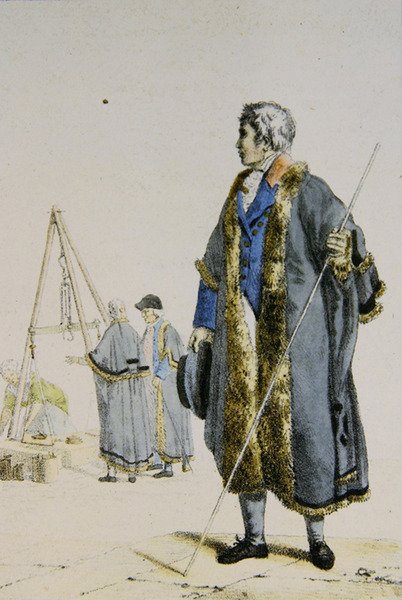 पोलैंड में वजन और माप के निरीक्षक, c.1817 (रंग उत्कीर्णन) द्वारा फ्रेंच स्कूल