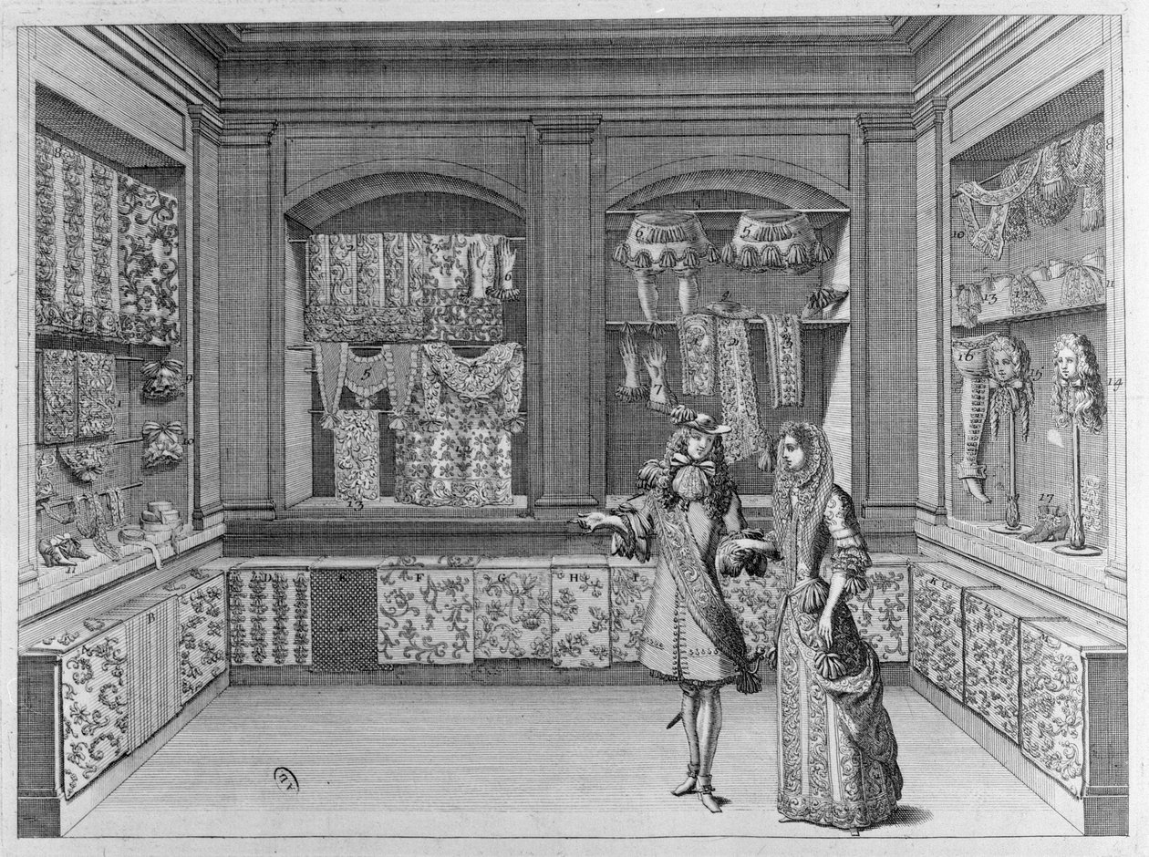 एक फीता की दुकान का इंटीरियर, 1678 द्वारा फ्रेंच स्कूल