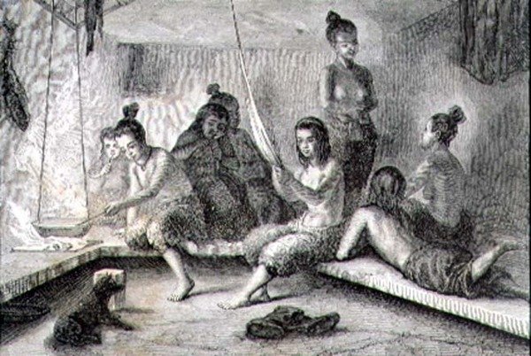 1860 के दशक में एक एस्किमो हट का आंतरिक भाग (उत्कीर्णन) द्वारा फ्रेंच स्कूल