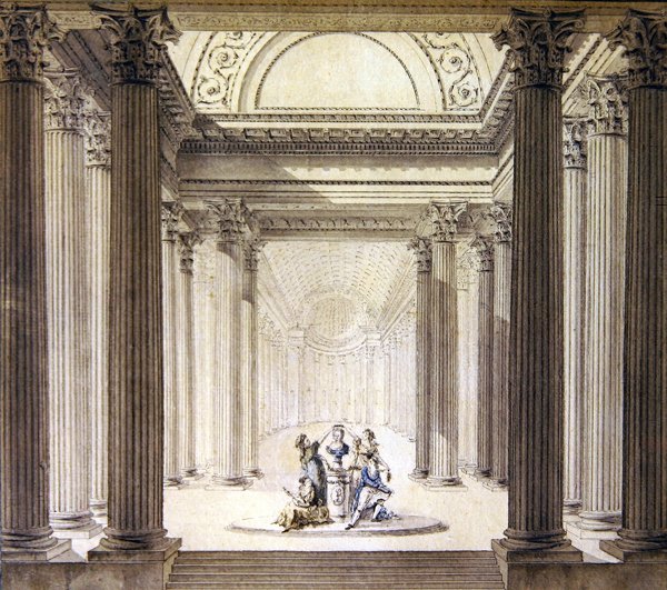 पुण्य के मंदिर का आंतरिक भाग, c.1770 (कागज पर जल रंग के साथ कलम और स्याही) द्वारा फ्रेंच स्कूल