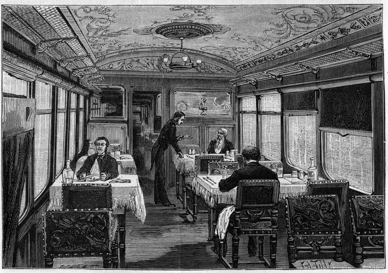 1884 में लोरिएंट-एक्सप्रेस (ओरिएंट एक्सप्रेस) के भोजन कक्ष का आंतरिक दृश्य। द्वारा फ्रेंच स्कूल
