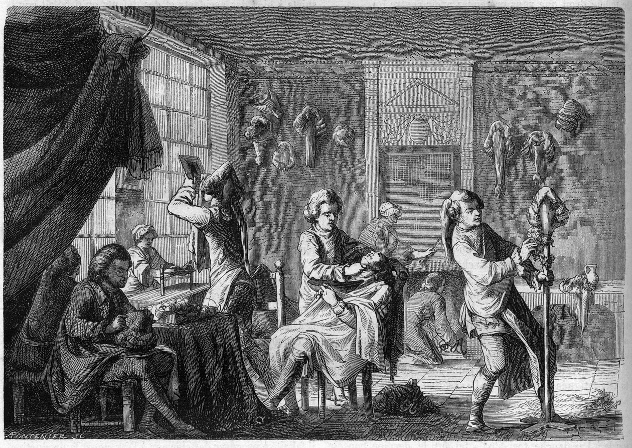 लुई XV (18वीं शताब्दी) के तहत एक फ्रांसीसी विग की दुकान का आंतरिक दृश्य। Dargent . द्वारा उत्कीर्णन द्वारा फ्रेंच स्कूल