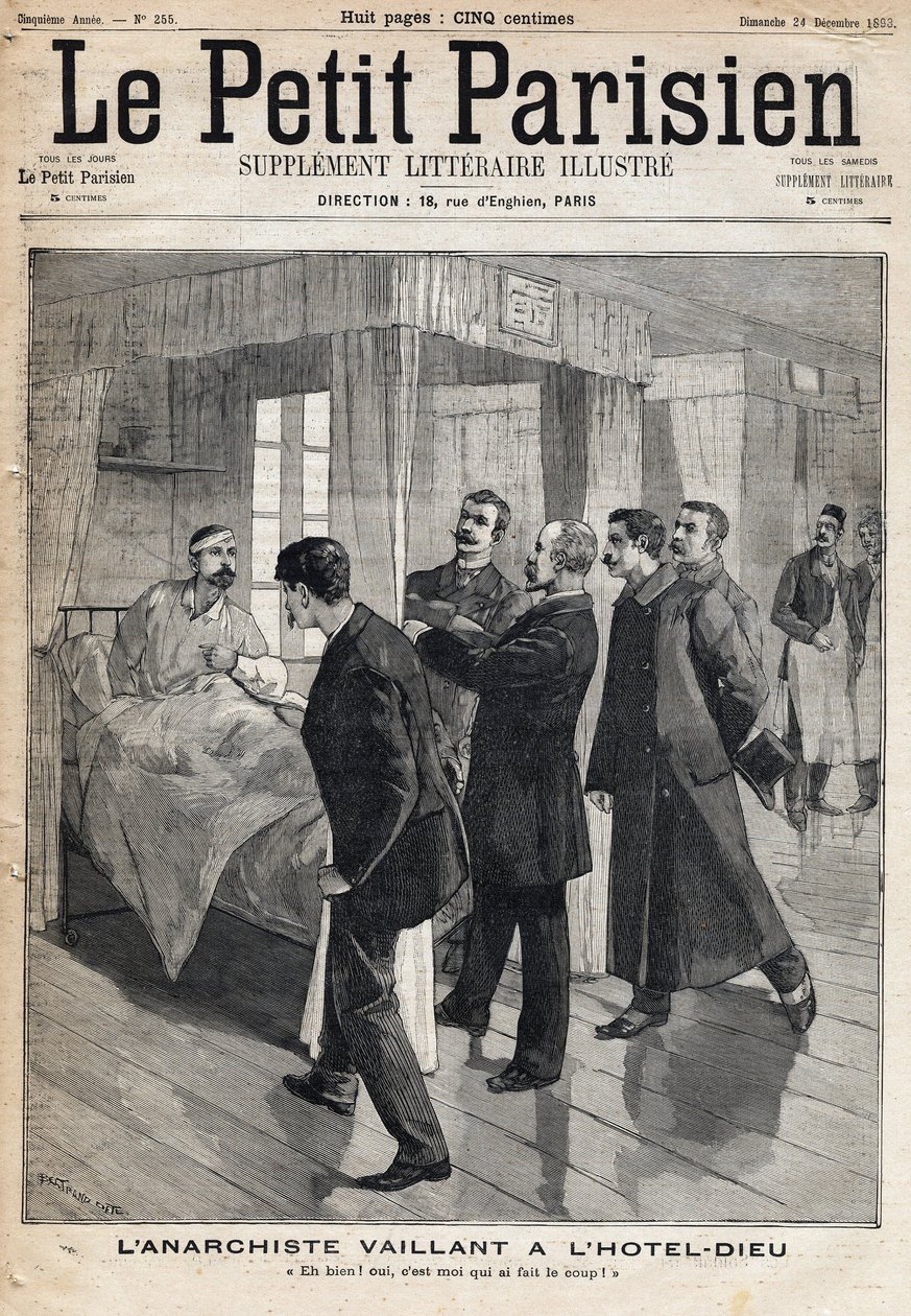 होटल ड्यू में अराजकतावादी अगस्टे वैलेंट (1861-1894) से पूछताछ, जिसने 9 दिसंबर को किए गए हमले को कबूल किया। द्वारा फ्रेंच स्कूल