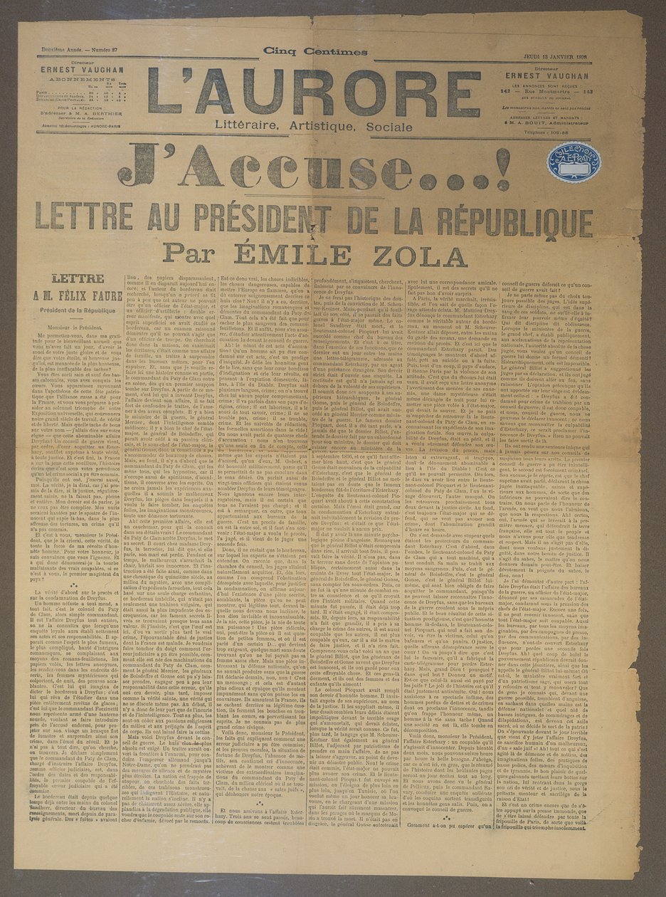 Emile Zola (1840-1902) द्वारा JAccuse पत्र, लौरौर में प्रकाशित, 13 जनवरी 1898 (प्रिंट) द्वारा फ्रेंच स्कूल