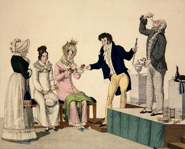 जैक्स डी फलाइज़ द पॉलीफैगी, प्लेट 93 'ले बॉन जेनर' से, c.1810 (रंग उत्कीर्णन) द्वारा फ्रेंच स्कूल