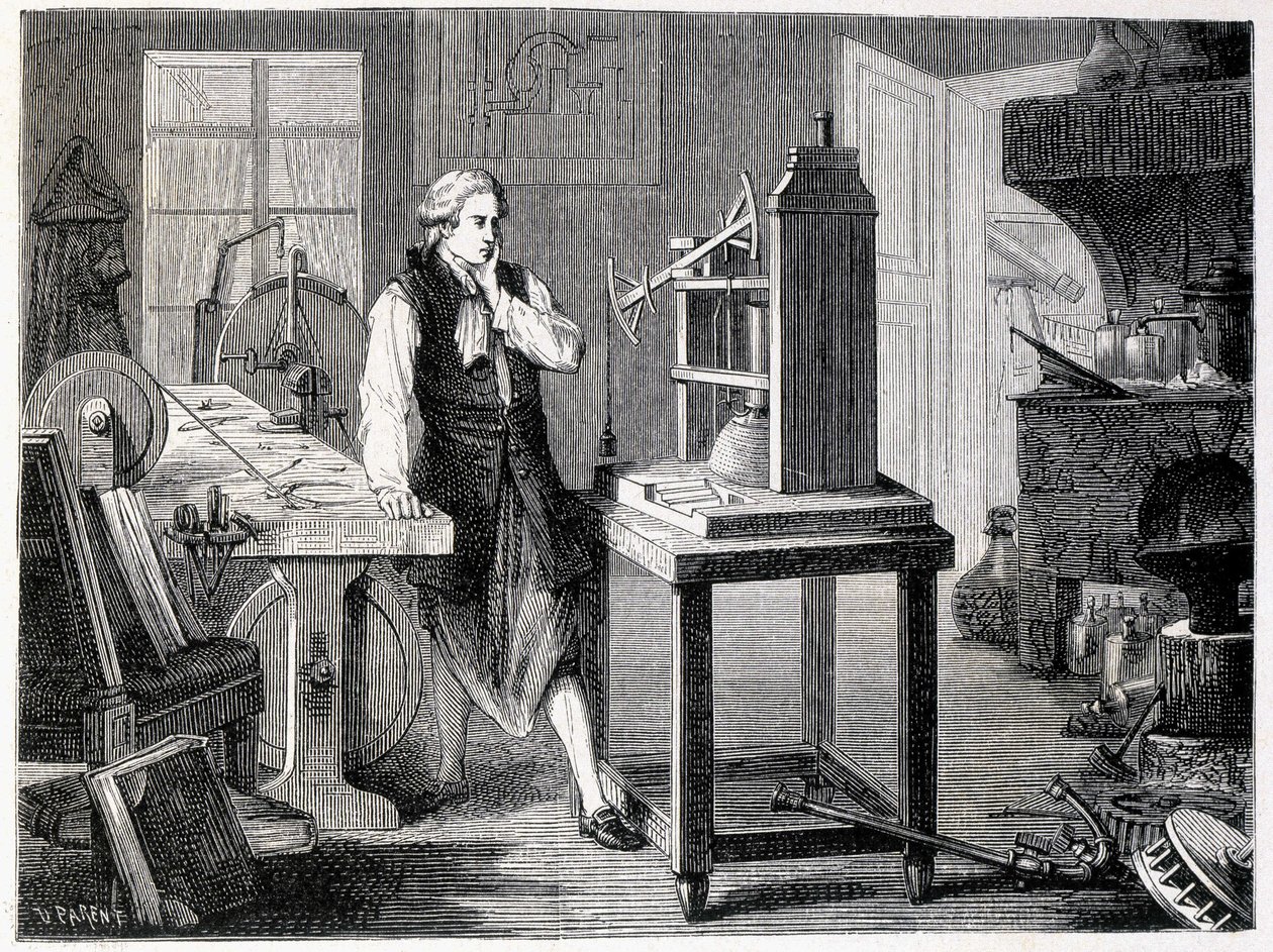 जेम्स वाट न्यूकॉमन्स मशीन (1767) की पूर्णता का अध्ययन कर रहे हैं - "" एल्बम ऑफ साइंस में; प्रसिद्ध विद्वान; महान खोजें ”” 1896। द्वारा फ्रेंच स्कूल