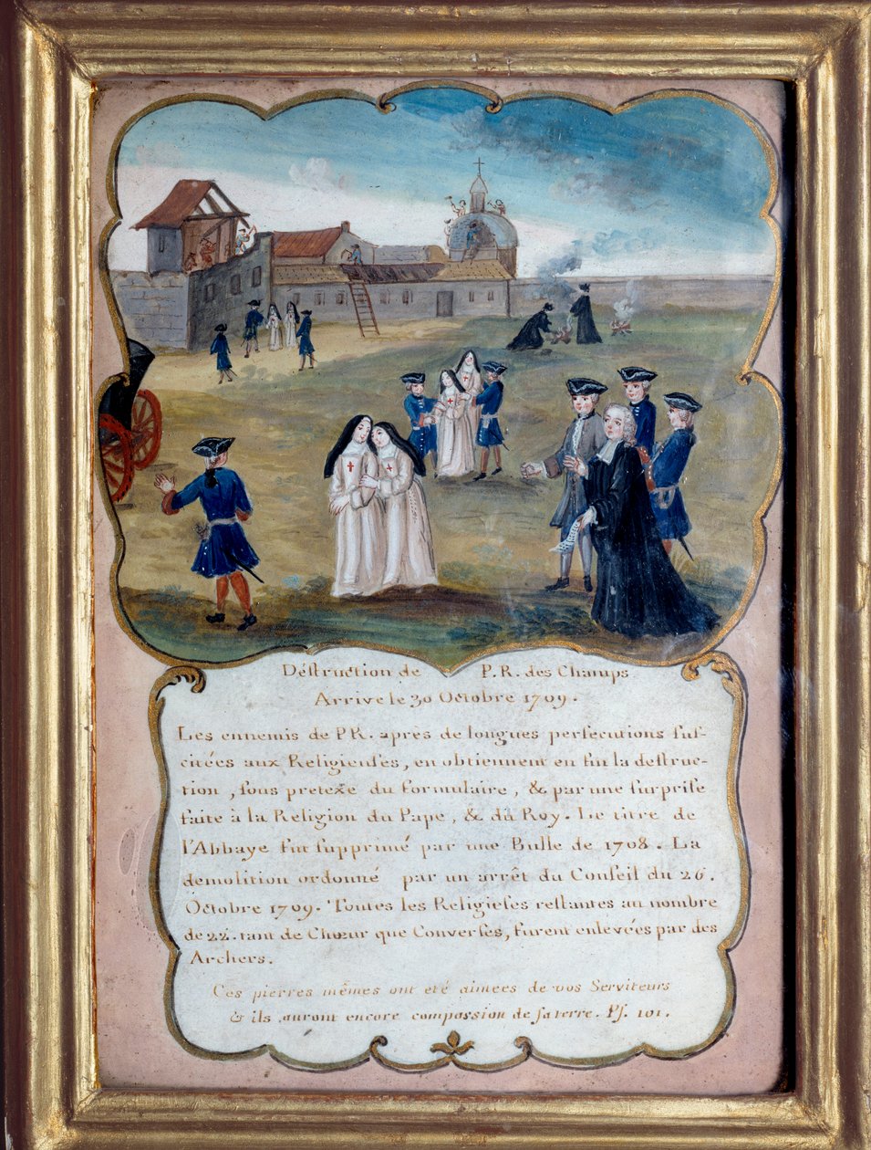 जैनसेनिज्म "" 1709 में पोर्ट रॉयल डेस चैंप्स (पोर्ट-रॉयल-डेस-चैंप्स) के अभय का विनाश डी'हेरेसी के अभियोग के लिए""। अठारहवीं शताब्दी का अनाम गौचे। पोर्ट रॉयल, मुसी डेस ग्रेंजेस। द्वारा फ्रेंच स्कूल