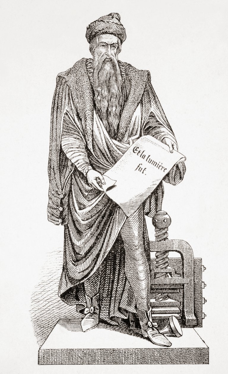 जोहान्स गुटेनबर्ग, प्राचीन और आधुनिक सार्वभौमिक इतिहास से, स्ट्रासबर्ग c.1860 में प्रकाशित (उत्कीर्णन) द्वारा फ्रेंच स्कूल