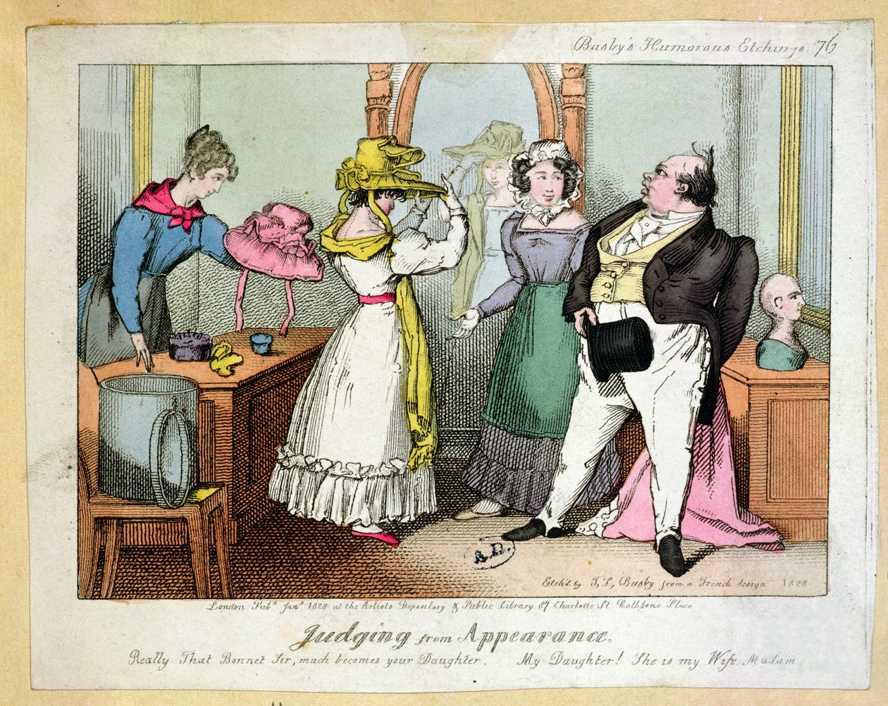 उपस्थिति से देखते हुए, Busbys Humourous Etchings की संख्या 76, थॉमस Busby (fl.1804-21) द्वारा उत्कीर्ण 1828 द्वारा फ्रेंच स्कूल