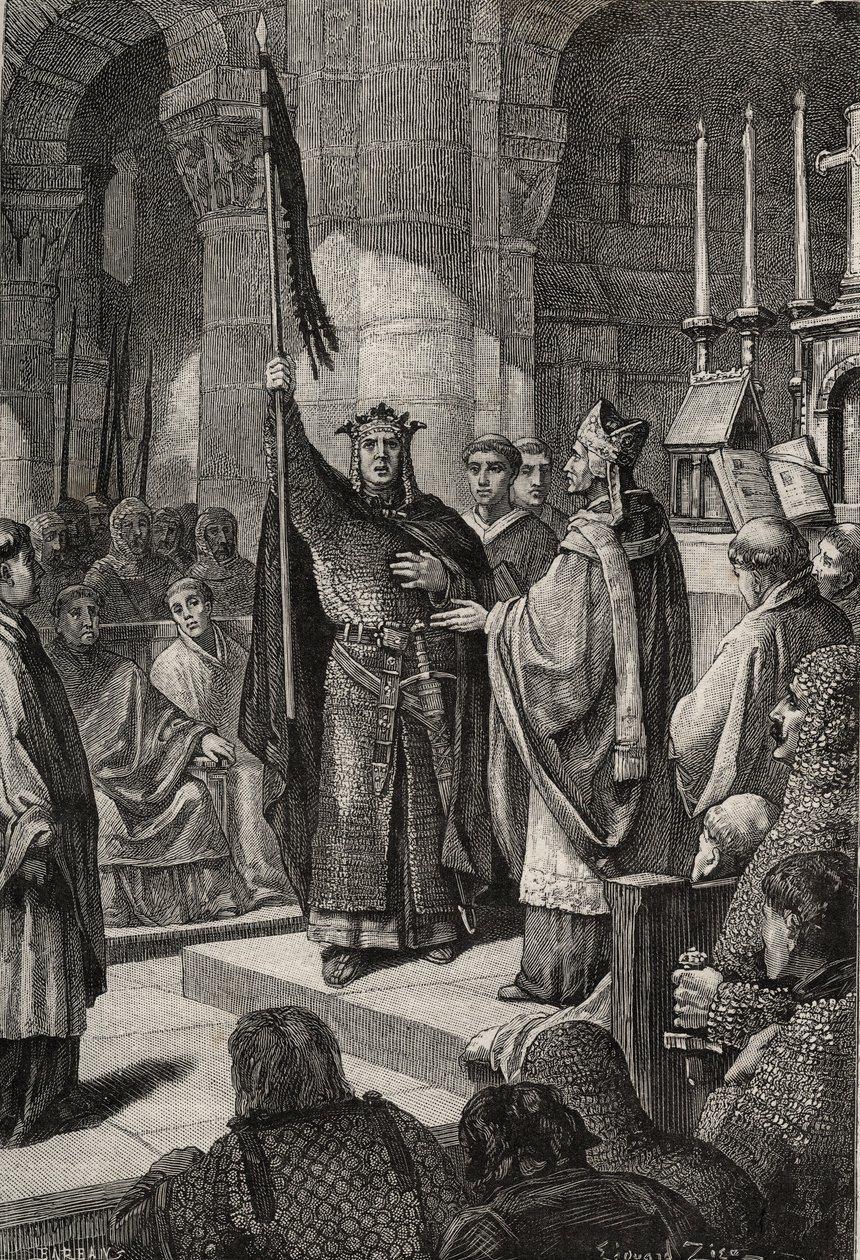 किंग लुई VII (1120-1180) एक्विटाइन की रानी एलियन की उपस्थिति में सेंट डेनिस (सेंट डेनिस) के बेसिलिका में ओरिफ्लेम लेता है और पोप यूजीन III (? -1153) के हाथों से पेलेरिन की भौंरा और पैनेटियर प्राप्त करता है। उनके जाने से पहले द्वारा फ्रेंच स्कूल