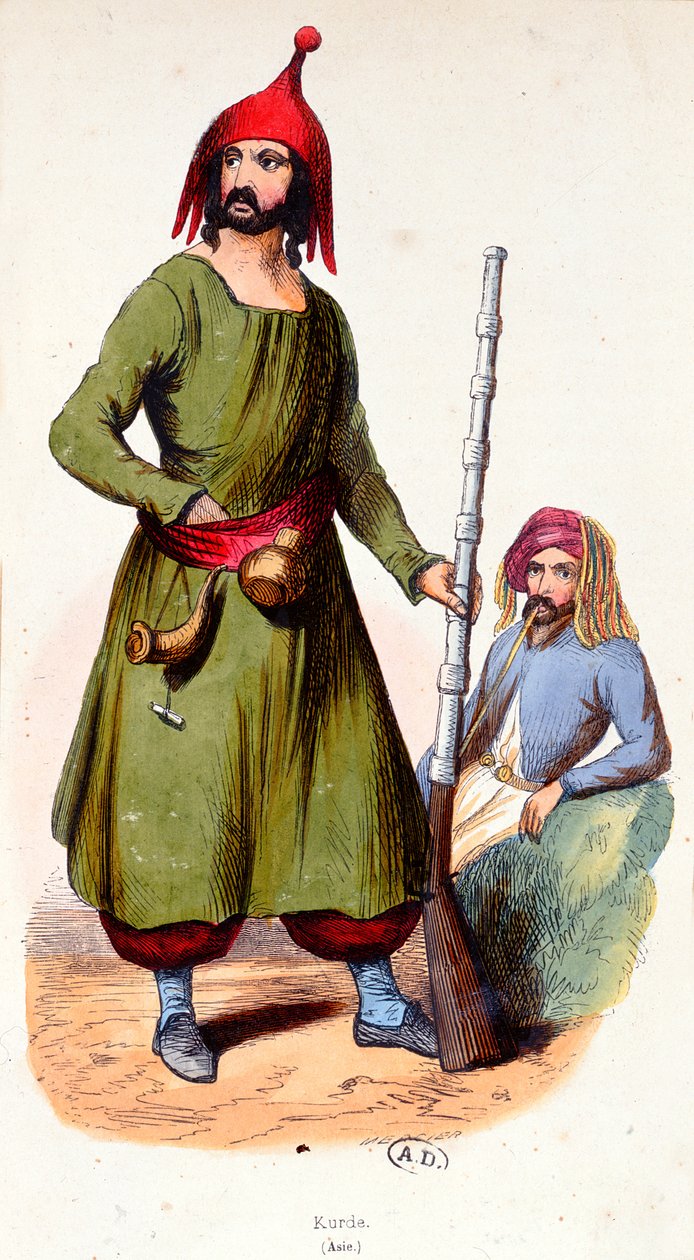 कुर्दिश वारियर्स, c.1840 (रंग उत्कीर्णन) द्वारा फ्रेंच स्कूल