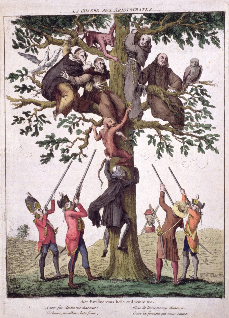 द हंट फॉर एरिस्टोक्रेटस, एंटी-रॉयलिस्ट कैरिकेचर, c.1792 द्वारा फ्रेंच स्कूल