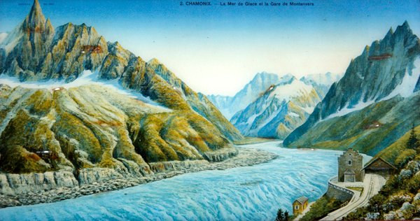 द मेर डू ग्लास, एगुइल डू ड्रू और मोंटानवर्स स्टेशन, c.1900 (रंगीन फोटो) द्वारा फ्रेंच स्कूल