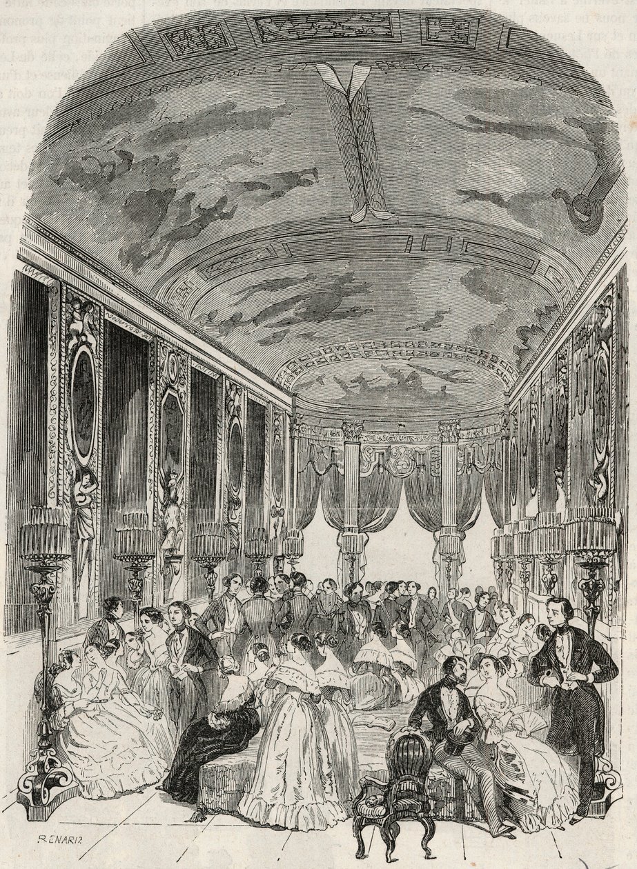 La galerie dit de Lebrun, गेंद के दौरान चैट रूम के रूप में सेवारत - Hotel Lambert sur l'Ile Saint Louis, 2 rue Saint Louis en l'Ile, Paris 4th arrondissement - एडमंड टेक्सियर द्वारा "झांकी-डी-पेरिस" में उत्कीर्णन १८५२ द्वारा फ्रेंच स्कूल