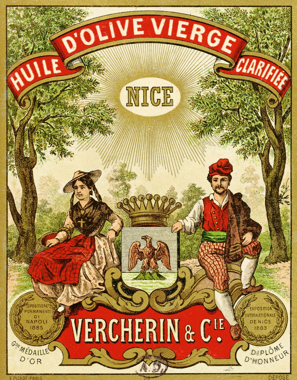 वेरचेरिन एक्स्ट्रा वर्जिन ऑलिव ऑयल के लिए लेबल, c.1885-90 द्वारा फ्रेंच स्कूल