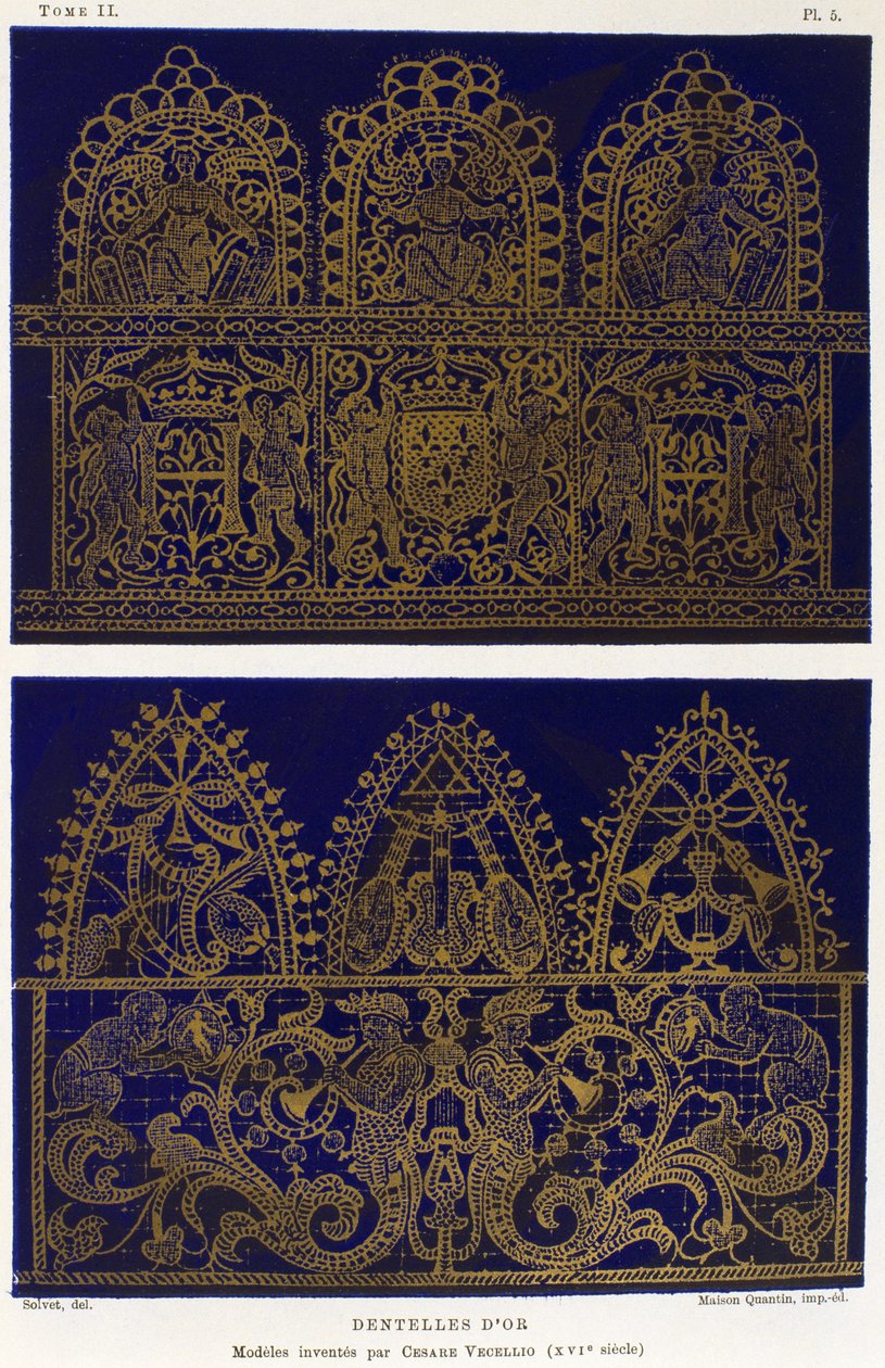 सोने में फीता के नमूने, सेसारे वेसेलियो द्वारा (1521-1601), डिक्शनरी ऑफ फर्निशिंग एंड डेकोरेशन से उत्कीर्णन, खंड II, हेनरी हावर्ड द्वारा द्वारा फ्रेंच स्कूल