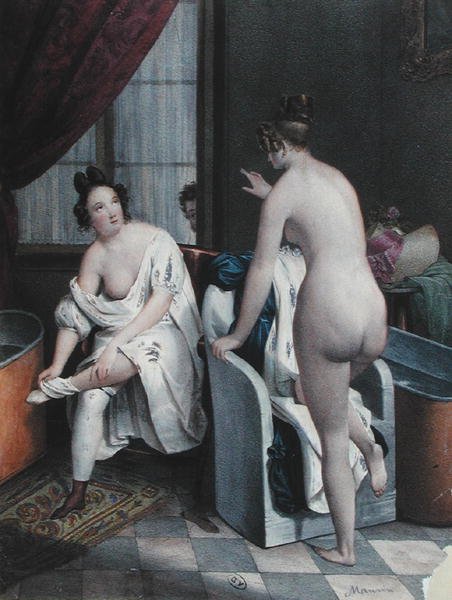 स्नान करने वाली महिलाएं, c.1840 (कलर लिथो) द्वारा फ्रेंच स्कूल