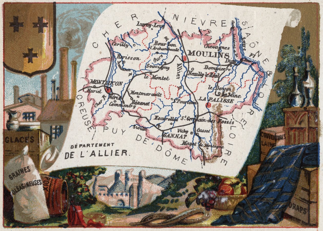 एल'एलियर (03), औवेर्गने, फ्रांस। आइसक्रीम, तिलहन, पिच, ऊन कंबल और चादरें। फ्रेंच विभागों पर श्रृंखला। क्रोमोलिथोग्राफी (क्रोमो) "" भौगोलिक धागा"", लगभग 1920। निजी संग्रह। द्वारा फ्रेंच स्कूल