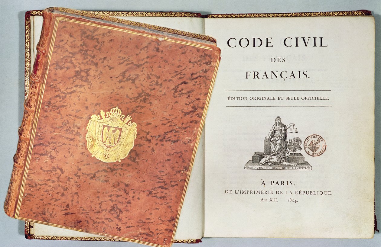 Le Code Civil des Francais, बंधन और शीर्षक पृष्ठ दिखा रहा है, पहला संस्करण पब। 1804 द्वारा फ्रेंच स्कूल