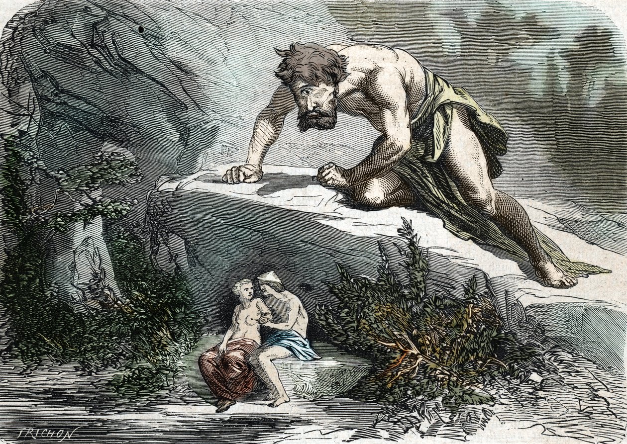 "ले साइक्लोप्स पॉलीफेम सरप्राइज़ गैलेटी एट एसिस" (उत्कीर्णन) 1864 द्वारा फ्रेंच स्कूल