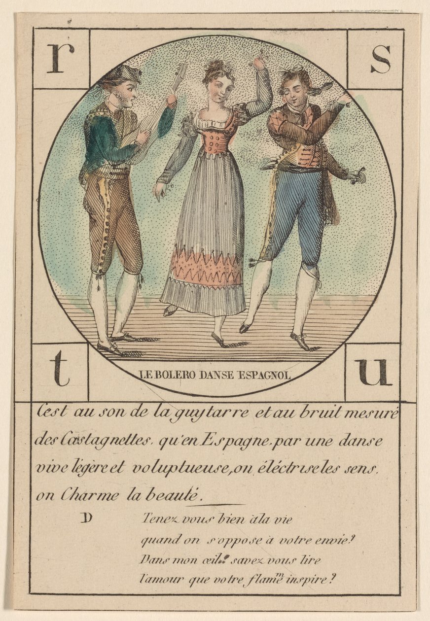 "बोलेरो, स्पेनिश नृत्य," वर्णमाला कार्ड की एक श्रृंखला से, c.1810-19 द्वारा फ्रेंच स्कूल