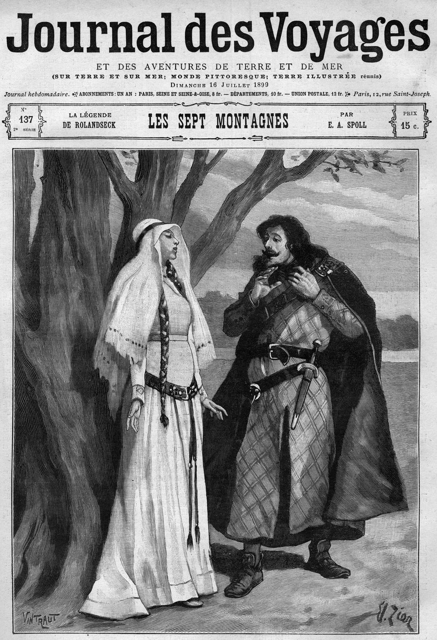 रोलैंडसेक की किंवदंती: हिल्डेगोंडे अपने मंगेतर रोलाण्ड की मृत्यु के बारे में सीखते हैं, और दर्द से चुप रहते हैं। "" रोलैंड के गीत "" का जर्मन रूपांतरण। 16 जुलाई के "" जर्नल डेस वॉयेज "" में उत्कीर्णन द्वारा फ्रेंच स्कूल