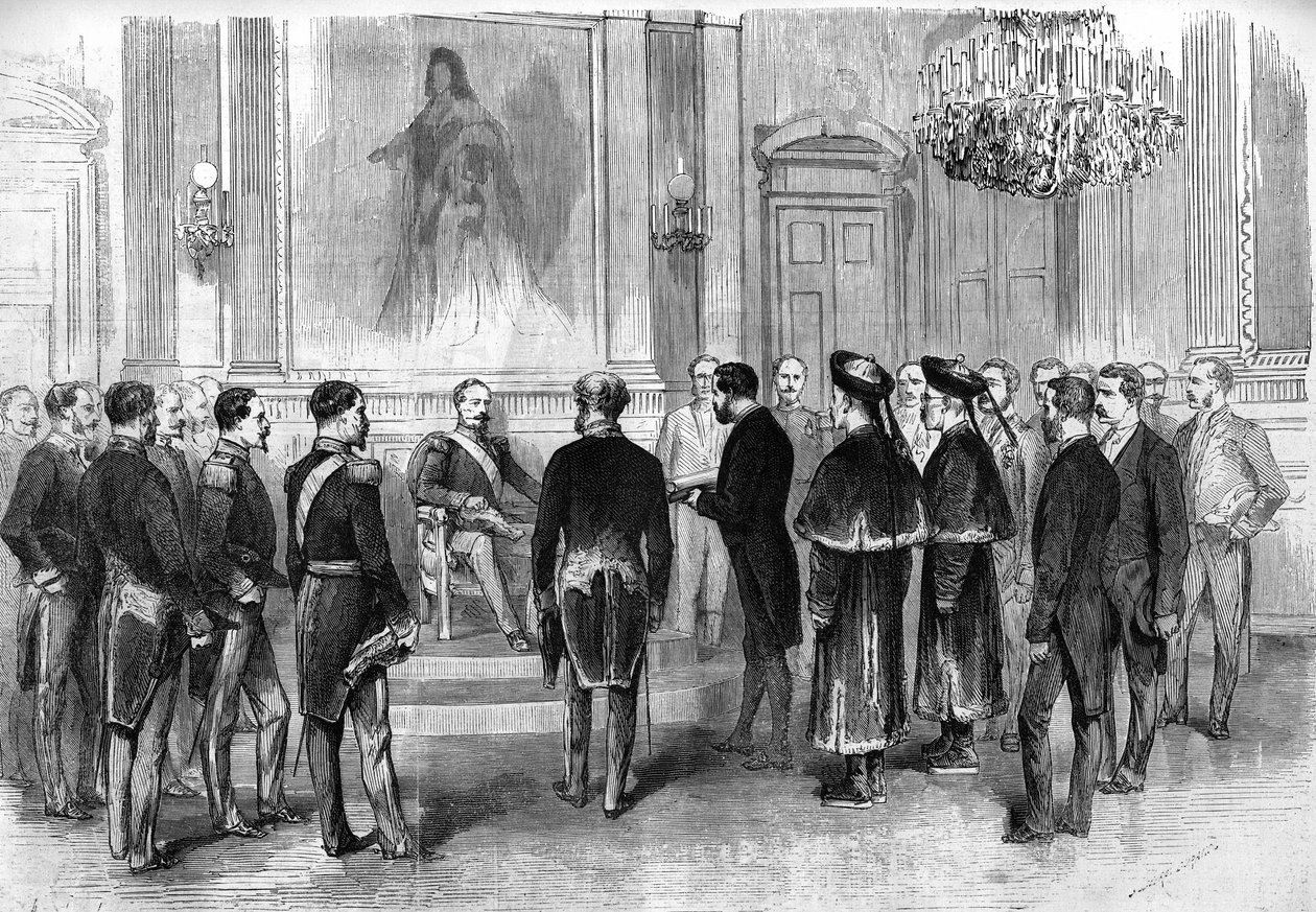 सम्राट नेपोलियन III (1808-1873) पेरिस में सैलून डेस तुइलरीज में चीनी राजदूतों और उनके दुभाषियों को प्राप्त करता है द्वारा फ्रेंच स्कूल
