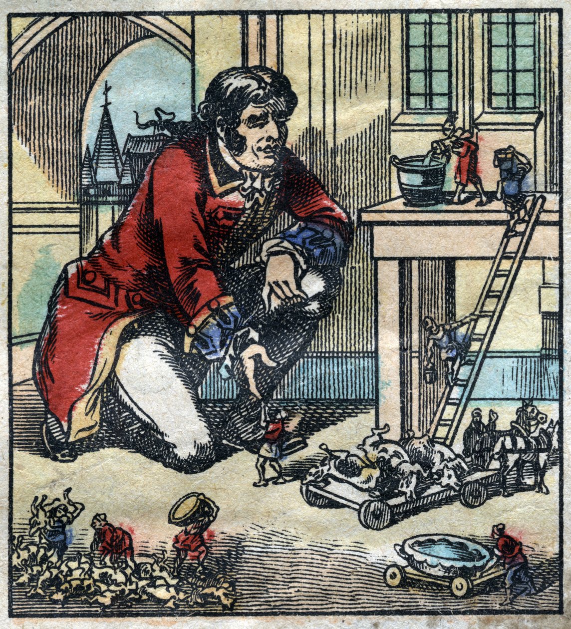 लिलिपुट की सेना के सलाहकार लेमुएल गुलिवर। जोनाथन स्विफ्ट (1667-1745) द्वारा "" गुलिवर्स वॉयेज "" के लिए चित्रण। 19 वीं सदी के अंत में एपिनल इमेजिंग। द्वारा फ्रेंच स्कूल