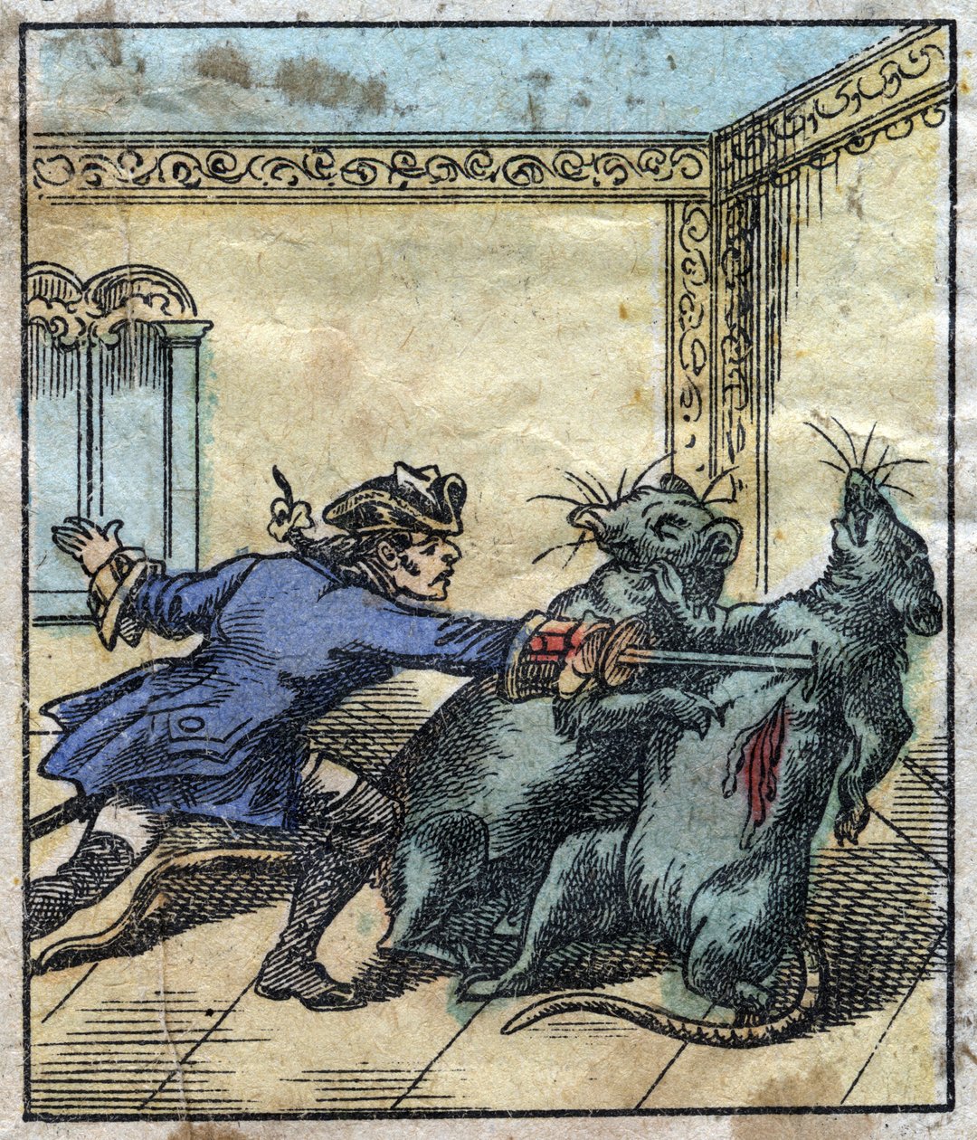 लेमुएल गुलिवर ब्रोबडिंगनाग के दिग्गजों की भूमि में चूहों से लड़ता है। जोनाथन स्विफ्ट (1667-1745) द्वारा "" गुलिवर्स वॉयेज "" के लिए चित्रण। 19 वीं सदी के अंत में एपिनल इमेजिंग। द्वारा फ्रेंच स्कूल