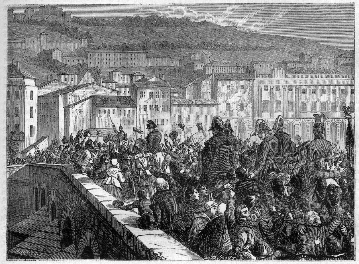 लेस सेंट जर्स: 10 मार्च 1815 को नेपोलियन का ल्योन में विजयी प्रवेश - एडोल्फ थियर्स द्वारा "वाणिज्य दूतावास के इतिहास के बाद साम्राज्य का इतिहास" में - 1879 - निजी संग्रह द्वारा फ्रेंच स्कूल