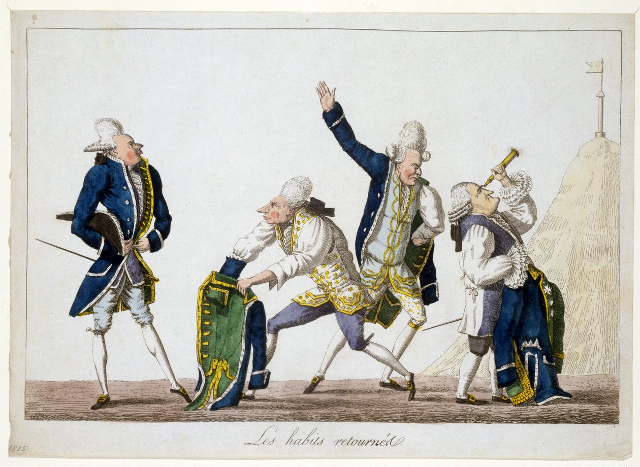 Les Habits Retournés, c.1815 (हाथ से रंगी हुई नक्काशी) द्वारा फ्रेंच स्कूल