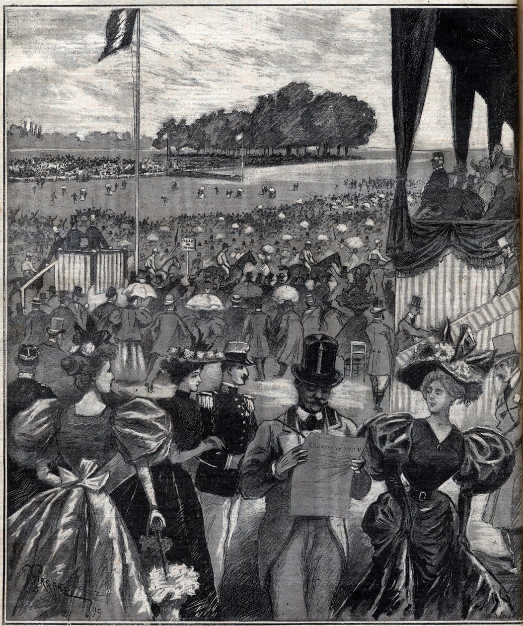 लेस कोर्स डे ल्यों (रेसट्रैक डी ल्यों) - ग्रैंड प्रिक्स के बाद - 1895 के "ले प्रोग्रेस इलस्ट्रियस" में उत्कीर्णन द्वारा फ्रेंच स्कूल