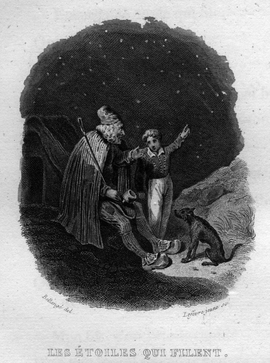 पियरे जीन डे बेरंगर (1780-1857), फ्रांसीसी कवि और गीतकार द्वारा लेस स्टोइल्स क्वि फाइलेंट चैनसन डी बेरेंजर "" ओयूवर्स कम्प्लीट्स "" (1834) में। द्वारा फ्रेंच स्कूल