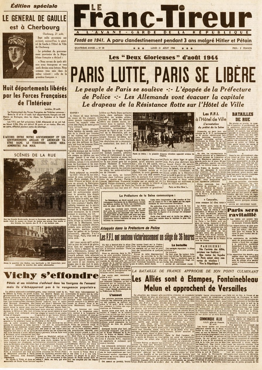 पेरिस की मुक्ति - ले फ़्रैंक तिरूर संख्या 38 डु 21 अगस्त 1944 - पेरिस संघर्ष, पेरिस सी लिबरेरे द्वारा फ्रेंच स्कूल