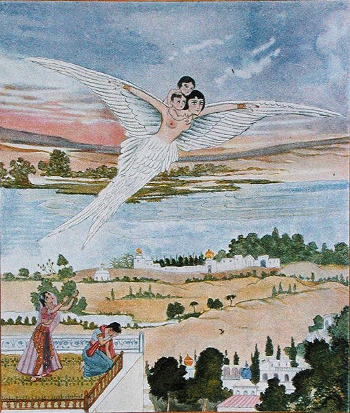 दो छोटे बच्चों को हवा में उठाना, 'द अरेबियन नाइट्स' से चित्रण द्वारा फ्रेंच स्कूल
