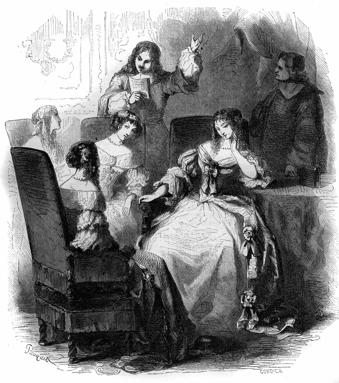 साहित्यिक सैलून: ऐनी मैरी लुईस डी'ऑरलियन्स डी मोंटपेंसियर (1627-1693) के दरबार में कवि जीन रेनॉड डी सेग्रिस (1624-1701)। 1856 से उत्कीर्णन। द्वारा फ्रेंच स्कूल