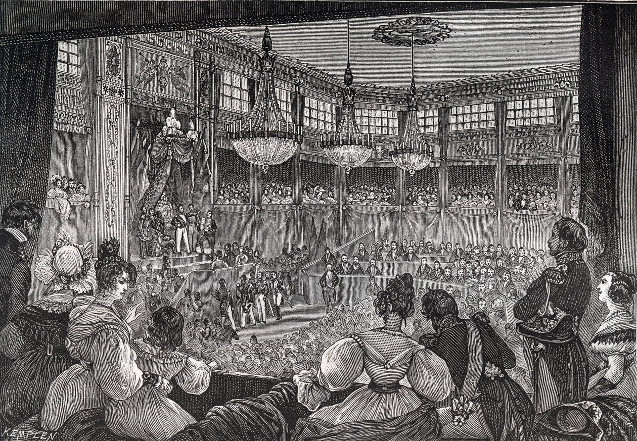 लुई-फिलिप I ने चैंबर ऑफ डेप्युटीज से पहले राजा के रूप में शपथ ली, 9 अगस्त 1830 - 1830 की क्रांति: "" किंग लुई फिलिप I (1773-1850) ने 1830 के चार्टर को बनाए रखने की शपथ ली, जिसमें चेम्बर्स की उपस्थिति में फिर से मिला। Pa . के अनंतिम हॉल द्वारा फ्रेंच स्कूल