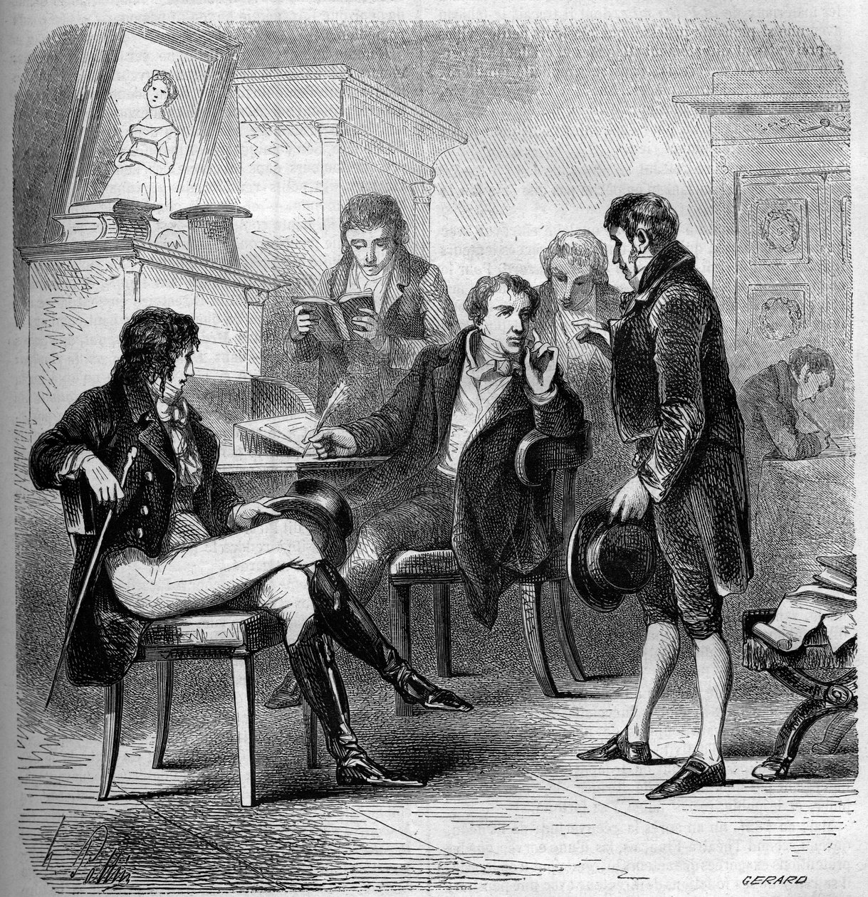 लुई बेनोइट (लुई-बेनोइट) पिकार्ड (1769-1828), एक फ्रांसीसी लेखक और हास्य अभिनेता, ने अपने स्टूडियो में प्रतिनिधित्व किया। 1858 से उत्कीर्णन। द्वारा फ्रेंच स्कूल