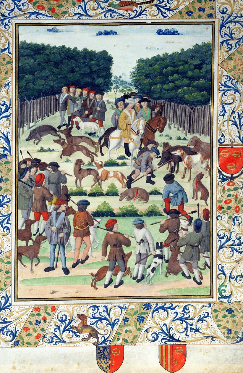 लुइस मालेट (1441-1516) सिग्नॉरिटी डी ग्रेविले, 1493 के बाद टेरियर डी मार्कोसिस से जंगली सूअर का शिकार कर रहा था। द्वारा फ्रेंच स्कूल