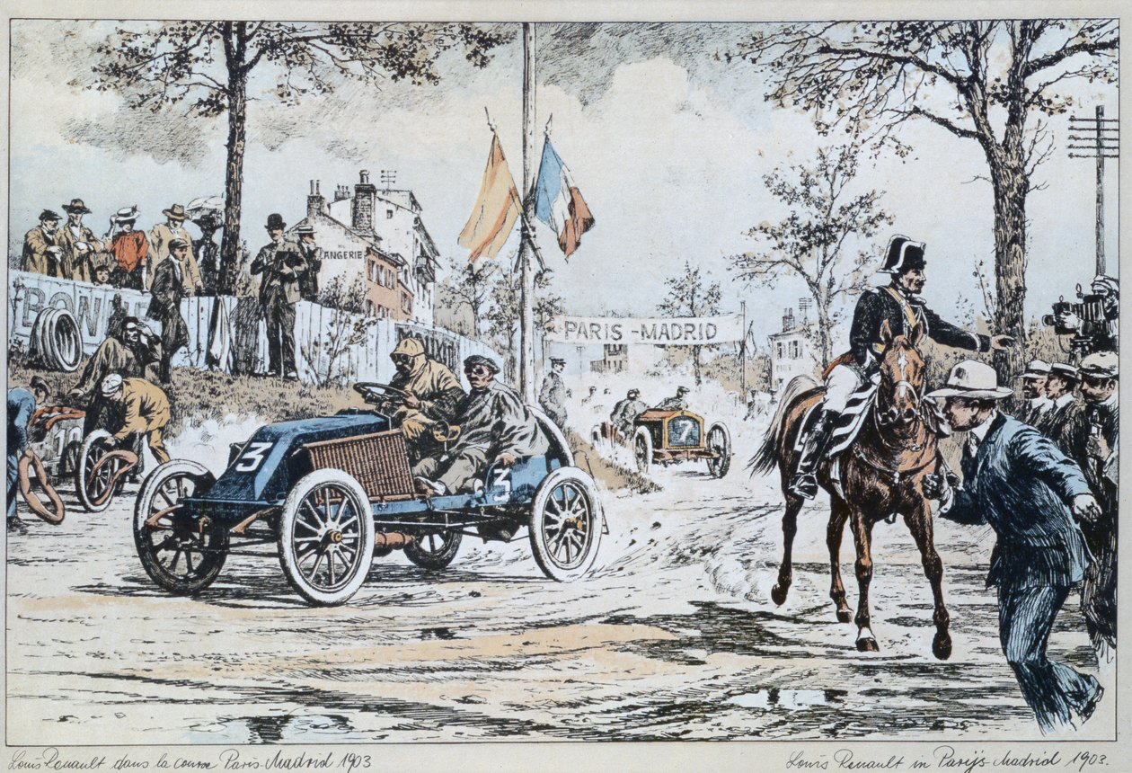 1903 में पेरिस में मैड्रिड की दौड़ में लुई रेनॉल्ट ड्राइविंग, c.1903 द्वारा फ्रेंच स्कूल