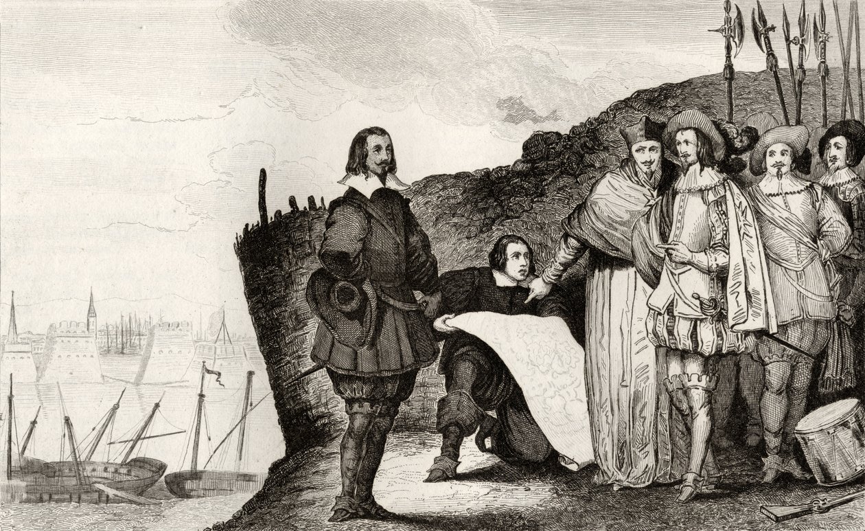 अक्टूबर 1628 में ला रोशेल की घेराबंदी में लुई तेरहवें (1602-43), कोलार्ट द्वारा &39;हिस्टायर डी फ्रांस&39; से प्रकाशित, c.1840 द्वारा फ्रेंच स्कूल